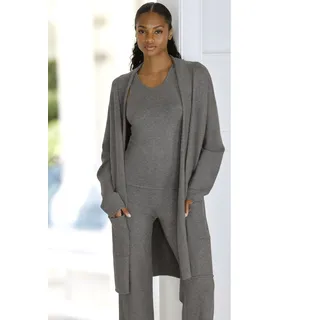 Longstrickjacke LASCANA, Damen, Gr. 40/42, blau (dunkelgrau), Feinstrick, Obermaterial: 50% Viskose (LENZINGTM ECOVEROTM), 28% Polyester, 22% Polyamid, meliert, figurumspielend lang, normaler Saum, Strickjacken Longstrickjacke, mit aufgesetzte Taschen und Umlegekragen, Loungewear