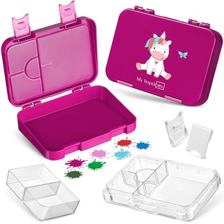 My Vesperbox – Len - Bento Box Kinder - Lunchbox mit 4+2 Fächern - extrem robust – Brotdose – Brotbox ideal für Kindergarten und Schule... (Lila - Einhorn sitzend)