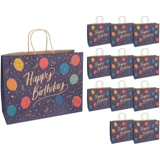 Idena 30398-12 - Geschenktüten Happy Birthday, 12 Stück, Geschenktaschen in der Größe 33 x 12 x 26 cm, Papiertüten zum Geburtstag