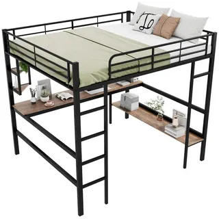 Okwish Hochbett 140/200 cm Schwarz Metallbett mit Schreibtisch und Regalen , 140x200 cm , Babymöbel & Kindermöbel, Kinderzimmer & Jugendzimmer, Kinderbetten, Hochbetten