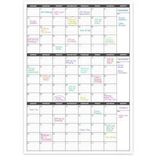 BooQool Großer, trocken abwischbarer Kalender für die Wand, vertikaler 3-Monats-Wandkalender, blanko, wiederverwendbar, Monatskalender, Vierteljahreskalender, Planer, undatiert, 70,6 x 104,1 cm,