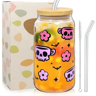 Glasbecher mit Deckel und Strohhalm 500ml, Glas Trinkbecher, Trinkglas, Glas mit Fledermäusen Totenköpfen, Glasbecher Teegläser mit Kürbisse, Halloween Trinkbecher für Eiskaffee Milchtee Getränke Cola