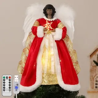 Lewondr Christbaumspitze Engel, 12 Zoll Glitzernd African American Engel Baumspitze mit Timer, USB-betrieben Fernbedienung Tannenbaum Spitze für Weihnachtsbaum Weihnachten Party Innen, Rosa