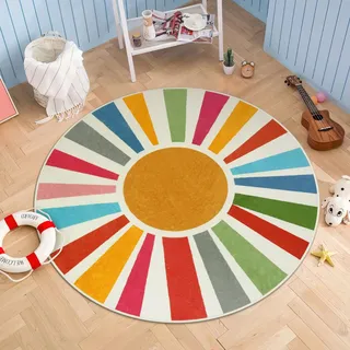 STARUIA 4'x4' Buntes Sonnenmuster Runder Teppich für Kinderzimmer, Spielzimmer, Büro, Unisex, Alle Jahreszeiten, Alter 3-8, Waschbar, Rutschfest, Kurzflor, Maschinengefertigt, Innen, Dekorativer