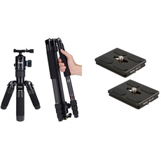 Rollei Carbon Stativ CT-5C, Black & QAL-50 - professionelle Kamera-Schnellwechselplatte/Schnellverschlussplatte, für alle Kameras mit 1/4 Stativgewinde und Arca Swiss kompatibel - 2 er Pack