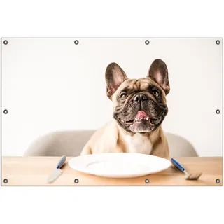 Wallario Outdoor-Poster für Garten oder Balkon, Motiv Hund freut sich auf Essen, in ca. 100 x 150 cm - Weiß