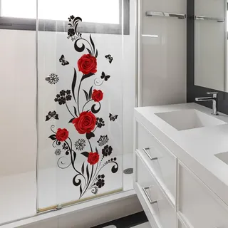HGDESIGN® Wandtattoo Wandaufkleber Glassaufkleber Spiegelaufkleber Rot Rosen Blumenranke Beideseite sichtbar Wohnzimmer Schlafzimmer Badzimmer Wandsticker Wandbild Wanddeko Selbstklebend (D)