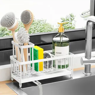 Cisily Schwammhalter für Küchenspüle, Spülbecken-Caddy mit hohem Bürstenhalter, Organizer, rostfrei, 304 Edelstahl, Geschirr-Organizer, Trennwand, Seifenspender, Aufbewahrung (weiß)