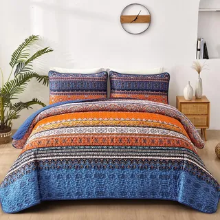 WONGS BEDDING Tagesdecke 240x260 Bettüberwurf Boho Decke Steppdecke 3 Teilig Doppelbett Gesteppt Bettdecke Mikrofaser Wohndecke mit 2 Kissenbezug 50x75 für Schlafzimmer als Sofaüberwurf, Blue Orange
