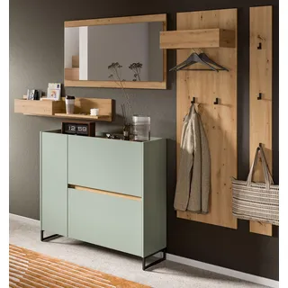 Garderobe Set 5-teilig "Borga" in Salbei und Artisan Eiche 236 x 192 cm, Soft-Close - Grün, Naturbelassen