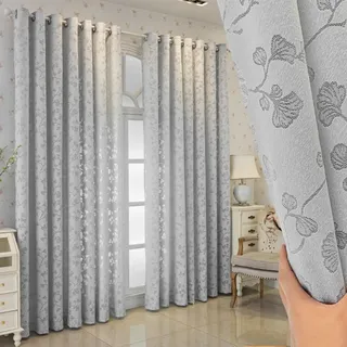 BYSURE 2er-Set Vorhänge Jacquard Gardinen Halbtransparent mit Ginkgoblatt Muster Romantisch Dekoschal Ösenvorhänge für Schlafzimmer Wohnzimmer, 140x215cm, Grau