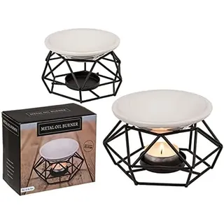 Diffusor für ätherisches Öl mit Untertasse und Kerze – Schale auf Metallbasis mit Kerze für ätherische Öle, aus Metall und Keramik, 23 x 9 cm, Weiß und Schwarz