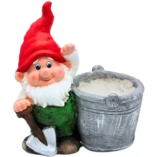 Dekohelden24 Gartenzwerg mit Schaufel und Eimer als Blumentopf, aus Magnesia, niedliche Deko für Garten, Terrasse oder Balkon, Größe: L/B/H ca. 19 x 26 x 33 cm