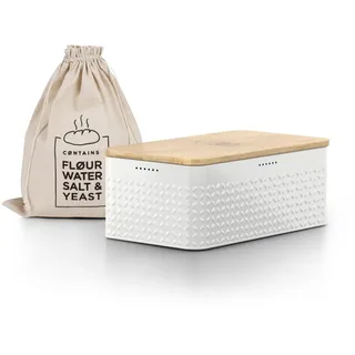 LARS NYSØM Brotkasten I Brotbox aus Metall mit Brotsack aus Leinen für langanhaltende Frische I Brotdose mit hochwertigem Bambusdeckel verwendbar als Schneidebrett I 34x18,5x13,5cm (Pure White)