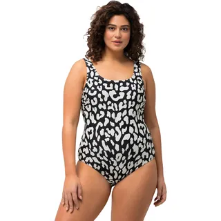 Ulla Popken Damen große Größen Übergrößen Plus Size Badeanzug, Leomuster, ohne Softcups, Rundhals schwarz 50+ 827226100-50+
