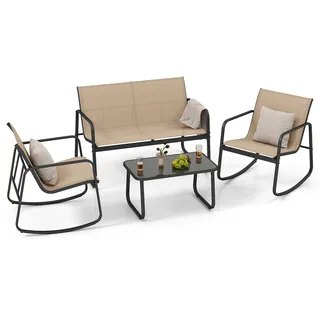 COSTWAY 4-tlg. Gartenmöbel Set, Terrassenmöbel mit sanfter Schaukelbewegung, 2 Stühlen, Bank & Tisch, Sitzgruppe für 4 Personen, Gartengarnitur Braun - Braun
