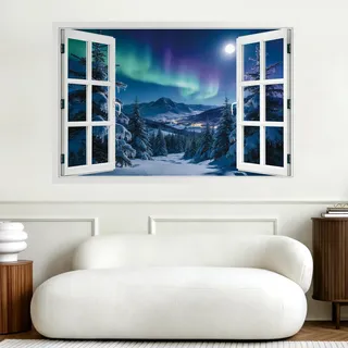 SHUCHING Wandtattoo 3D Fenster Landschaft für Wohnzimmer Deko | Wandsticker Nordlichter, Selbstklebende Wandaufkleber für Schlafzimmer Wanddeko