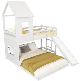 Modfu Etagenbett aus Kiefer und MDF 90x200/140x200 cm Weiß mit Rutsche, Leiter und Hausbett-Design , Holzwerkstoff , 90x200 cm , Babymöbel & Kindermöbel, Kinderzimmer & Jugendzimmer, Stockbetten
