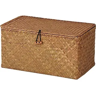 Rattankorb Aufbewahrungskorb aus Seegras mit Deckel Natürliches Material (Mittel 30cmx18cmx15cm H)