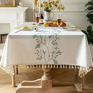 Pahajim Tischdecke Rechteckig Baumwolle Leinen Tischtuch Abwaschbar Wasserdicht Quasten Design für Küche, Esszimmer, Outdoor, Garten Tischdekorationen(Beige,140x260cm)