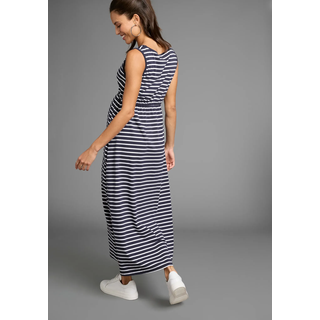 Umstandskleid NEUN MONATE "Langes Schwangerschaftskleid", Damen, Gr. 36, N-Gr, blau (blau geringelt), Single Jersey, Obermaterial: 95% Baumwolle, 5% Elasthan, geringelt, bequem ca. Mitte Wade, Rundhals, Kleider Umstandskleid, Jersey-Kleid für die Schwangerschaft, Topseller