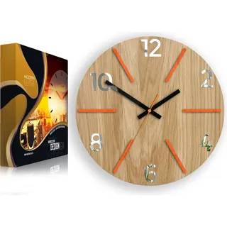 ModernClock, Wanduhr, Wohnzimmer, 33cm, große Wanduhr aus Eiche, Aksel orange&spiegel - Orange, Silber