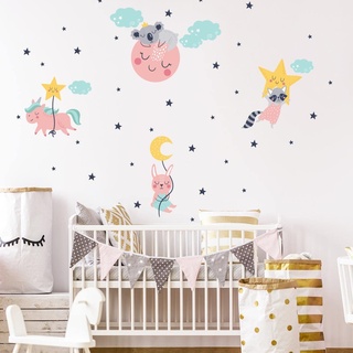 Wandsticker Kinder Dekoration Babyzimmer Wandtattoo Kinderzimmer Wandaufkleber Einhorn und seine Freunde im Sternenhimmel H60 x 90 cm