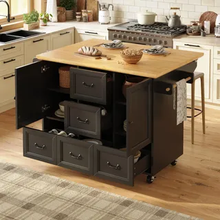 okwish Ausziehbarer Kücheninsel Beistellschrank mit Handtuchhalter und Gewürzregal,Sideboard auf Rollen mit verstellbare Einlegeböden,Schubladen und Türgriffe,schwarz - Schwarz