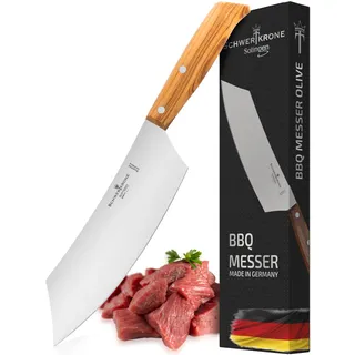 Schwertkrone® Grillmesser BBQ Messer [MADE IN SOLINGEN - GERMANY] - Fleischmesser extrem Scharf - Tranchiermesser - Küchenmesser Scharf Profi Messer - Chef Knife - Oliven-Holzgriff (Klinge: 22cm)