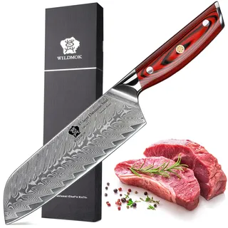 WILDMOK Damast SantokuMesser, 17.8 cm scharfes professionelles Fleisch Gemüsemesser, Japanisches Multifunktions Asiatisches Messer aus Super VG10 Stahl mit Full Tang G10 Griff-Song Serie