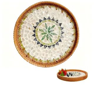 Rundes Rattan Tablett mit Perlmutt Inlay, Handgewebtes Dekoratives Perlmutte Rattan Serviertablett mit Holzboden, Boho Deko Tablett für Frühstück, Getränke, Snacks, Desserts, Früchten(Böhmen)