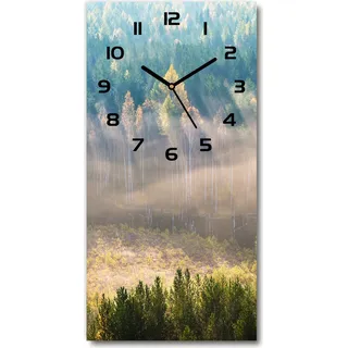 Wanduhr aus Glas – 30x60 cm - Glasbild - Glasuhr - Gehärtetes Glas -Nebel über dem Wald - Grün