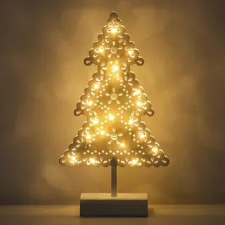 Lewondr Tischlampe, LED Lampe Weihnachtsbaum Form Weihnachtsdekor Innenraum, Batteriebetriebe Fensterbank Lampe Metall Schreibtischlampe für Zuhause Weihnachten Ramadan Hochzeit, Weiß