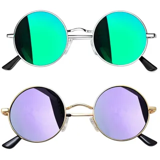 Joopin Verspiegelte Runde Sonnenbrille Herren Polarisiert Violett Retro Vintage Rund Sonnenbrille Grün zwei Sonnenbrillen (Silber Grün und Gold Violett)