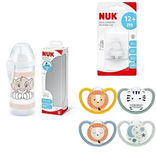 NUK First Choice Lion King Kiddy Cup with bite resistant spout, an extra replacement spout and Space Day and Night Soother 4PK, 12mnths+