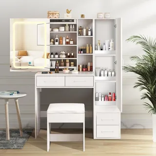 AIORBER Schminktisch mit Beleuchtung, mit Hocker, 3 Farbmodi, großer Stauraum, 4 Schubladen & Regal, moderne Schminkkommode, für Schlafzimmer - Weiß, Grau
