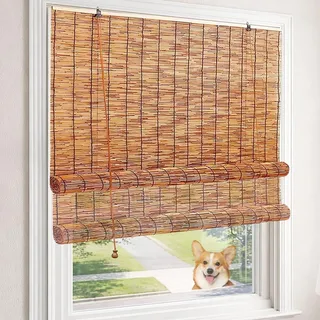 AYHSMNOU Natur Bambus Rollo Für Aussenbereich Balkon UV-Block Fenster Raffrollos Bambusrollo Aussenbereich Bambus Rollo Wetterfest Ohne Bohren Sichtschutz Sonnenschut Retro Schilf Vorhang mit Lifter