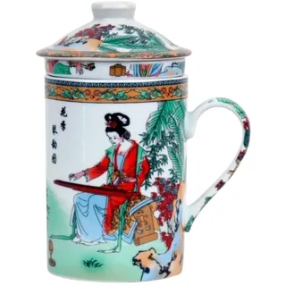 Keramik Teetasse mit Deckel + Sieb für Losen Tee mit Asiatischem Motiv (Mädchen in Rot, 042) Japanische Chinesische Tasse Für Teeliebhaber, Porzellan Kaffee Geschenk Set Asien Asia Becher Haferl