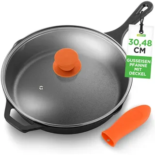 NutriChef Gusseisen Grillpfanne Induktion – Lodge Cast Iron, Grill Pan – Eisenpfanne Perfekt als Steakpfanne, Voreingebrannte Bratpfanne aus Gusseisen, Antihaftbeschichtete Grill Pfanne aus Eisen 30cm