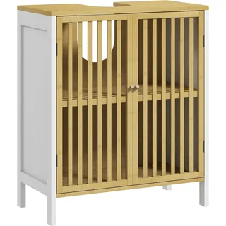 Badezimmerschrank - Waschbeckenunterschrank - 60x30x70 cm - Bambus & MDF - Montage erforderlich - Weiß
