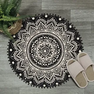 Uphome Kleiner runder Teppich, 5,8 cm, schwarz, Mandala, Boho, Badezimmerteppiche mit Pompons, Fransen, waschbar, Kreis, Duschmatte, weich, rutschfest, niedlich, runder Überwurf, Teppich für