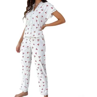 2-teiliges Damen-Pyjama-Set mit Spitzenbesatz und bequemem kurzärmeligem Oberteil und Hose im Kirsch-Design (M Weiß)