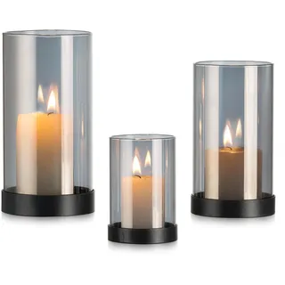 Inweder Glaszylinder Windlichter Kerzenständer für Kleine Stumpenkerzen: 3er Set Glas Windlicht Schwarz Outdoor Tischdeko Kerzenhalter Modern Halloween Weihnachten Deko Teelicht Kamin Wohnzimmer
