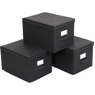 SONGMICS Aufbewahrungsbox, 3er Set, Faltbox mit Deckel, Boxen Aufbewahrung, Stoffbox mit Etikettenhalter, Aufbewahrungskorb, 40 x 30 x 25 cm, schwarz RFB03H
