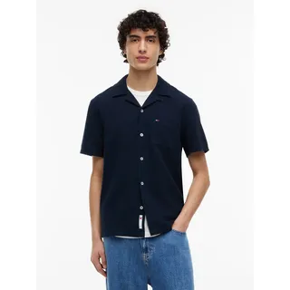 Leinenhemd TOMMY JEANS "TJM REGULAR LINEN BLEND CAMP", Herren, Gr. XL, N-Gr, schwarz night navy, Web, Obermaterial: 55% Leinen, 45% Baumwolle, bestickt, unifarben, regular fit hüftbedeckend, V-Ausschnitt, Hemden Leinenhemd, mit Reverskragen