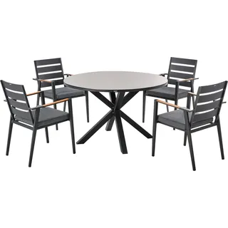 BELIANI Gartenmöbel Set 5-teilig Grau Aluminium Tisch  120 cm Rund Keramikplatte mit 4 Stühlen Auflagen Schwarz Stapelbar Terrasse Außenbereich - Grau, Schwarz, Braun