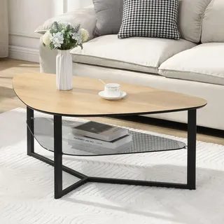 Wohnzimmertisch FineBuy Couchtisch Nierenförmig Eiche Optik Glas Ablage 110 cm - Braun