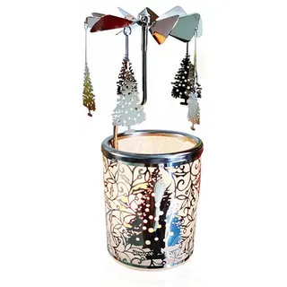 Kingnero Silver Windlicht Karussell, Glas teelichthalter karussell für Weihnachten Geschenk,Familie und Freunde (silberner Weihnachtsbaum)