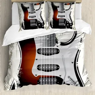 ABAKUHAUS Rockmusik Bettbezug Set, Ausführliches Gitarren-Muster mit Schnur-Retro- Halbton-Hintergrund-Zusammenfassungs-Schmutz, 200 x 200 cm + 80 x 80 cm, Mehrfarbig