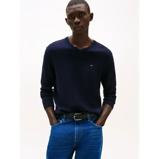 Tommy Hilfiger Strickpullover TOMMY HILFIGER "ESSENTIAL COTTON V NECK mit V-Ausschnitt und Stickerei", Herren, Gr.